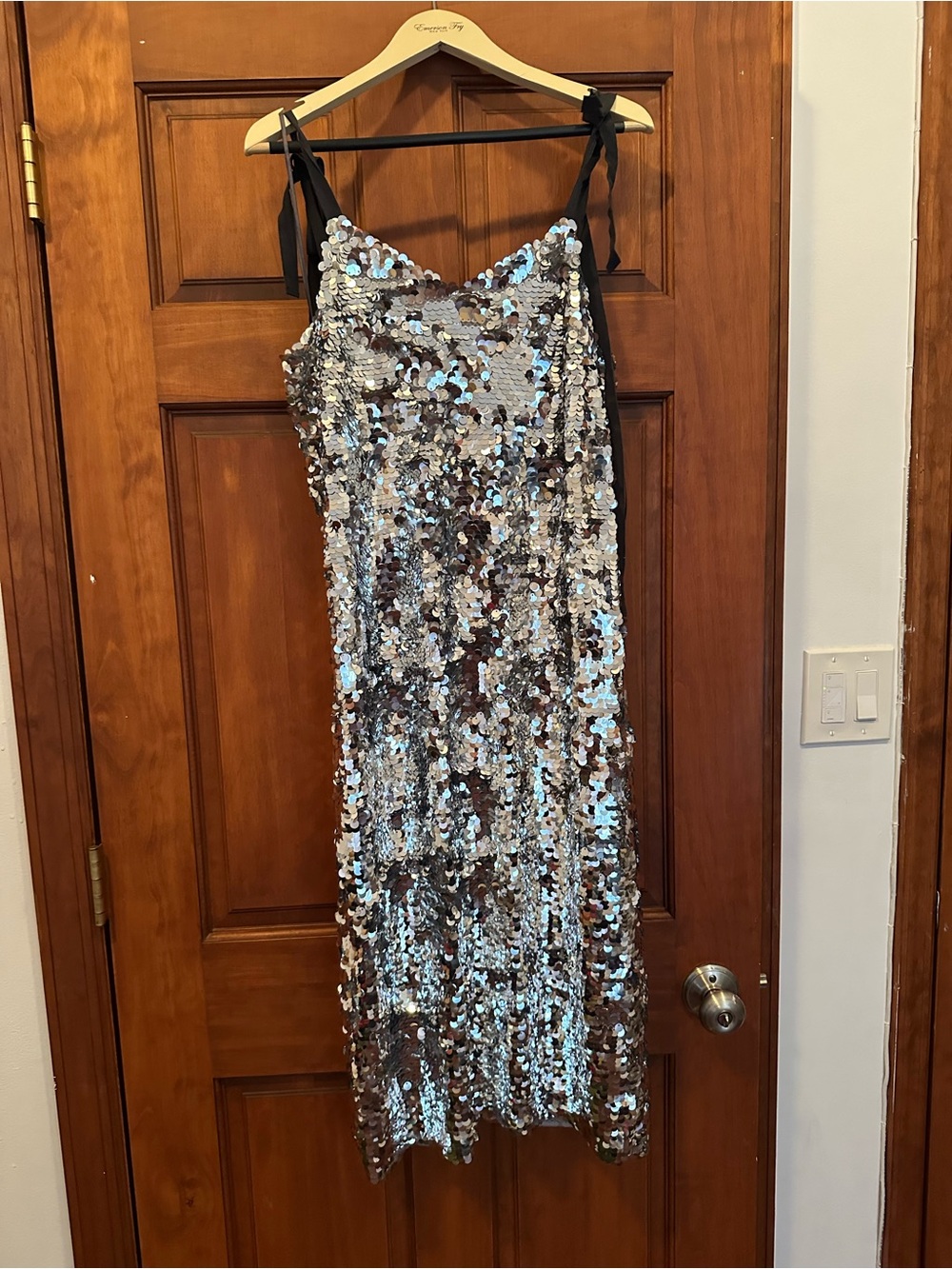 J. Crew Silver Sequin Slip Midi Dress in Silver with Black Ties